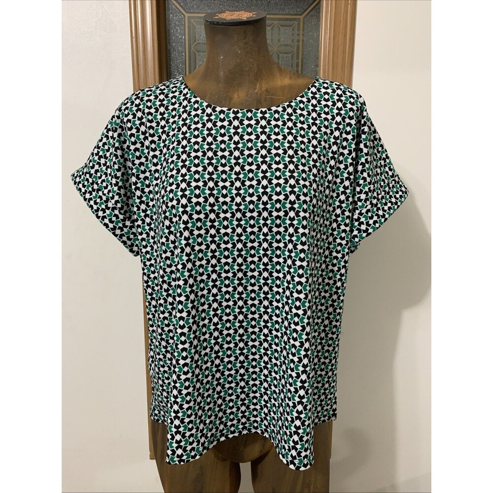 Melloday Anthropologie Green Geometric Zip Blouse Women’s Medium Office Top